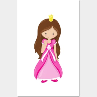 Cute Princess, Crown, Brown Hair, Pink Dress Posters and Art